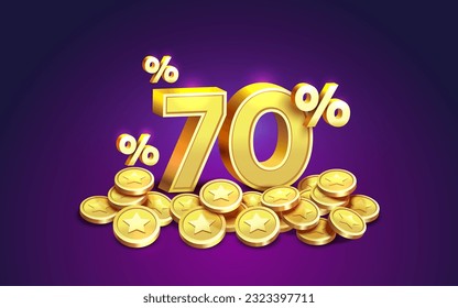 Cashback 70 Percentage golden coins, financial save off. Vector illustration