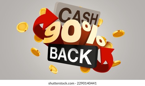 Cashback 90 % Icon einzeln auf grauem Hintergrund. Rückzahlungs- oder Geldrückenkennzeichnung. Vektorgrafik