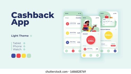 Cashback app cartoon smartphone interface vector templates set. Mobile app screen page day mode design. Account info and favorite shops list UI for application. Phone display with flat character