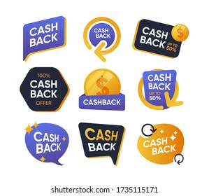 Juego de iconos planos con insignias de respaldo. Las etiquetas de devolución de dinero, ahorro de dinero, ofrece una colección aislada de ilustraciones vectoriales. Concepto de reembolso de efectivo y pago