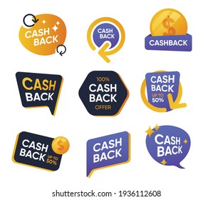 Cashback badges flat icon set. Money return labels, save money offers isolated vector illustration collection. Cash refund and payment concept