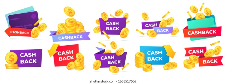 Cashback badges. Money return label, shop sale offers and cash back banner. Golden coins in wallet vector illustration set. money back from purchases and payment stickers