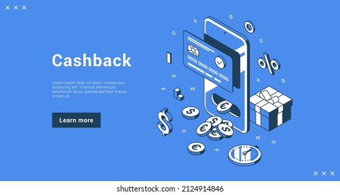 Cashback Banking Service With Smartphone And Cash Coins Landing Page Vector Isometric Illustration. Money Refund Application For Buying Goods Use Credit Card With Income Profit Financial Guarantee