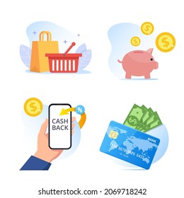 Cashback and banking set of vector illustrations. Money comes to a credit card, a piggy bank is filled with coins, a hand holds a phone with an online bank application, a composition with purchases.