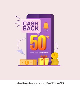 Cashback banner design concept for saving and refund money with flat phone vector illustration