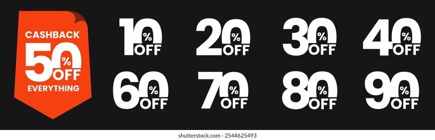Cashback banner design concept for saving and refund money. 10%, 20%, 30%, 40%, 50%, 60%, 70%, 80%, 90%. Sale tags set vector badges template. Cashback promotion. Discount badge shape. Vector design