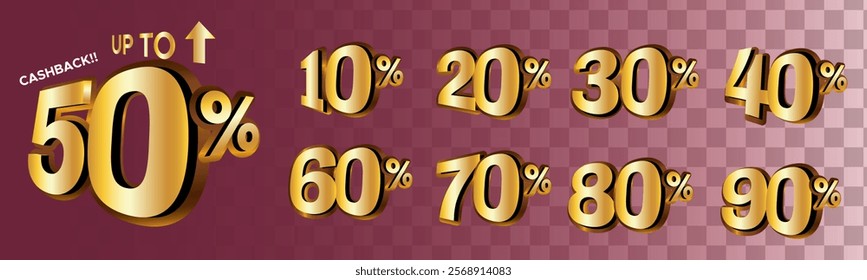 Cashback banner design concept for saving and refund money. 10%, 20%, 30%, 40%, 50%, 60%, 70%, 80%, 90%. Sale tags set vector badges template. Cashback promotion. Discount badge shape. Vector design
