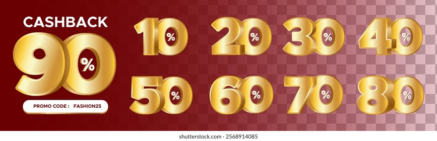 Cashback banner design concept for saving and refund money. 10%, 20%, 30%, 40%, 50%, 60%, 70%, 80%, 90%. Sale tags set vector badges template. Cashback promotion. Discount badge shape. Vector design
