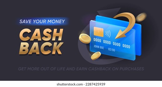 Cashback banner displaying cards, coins, and arrows representing money refund offers. Vector financial promotion background for websites or money save apps, cash back programs for shopping sales