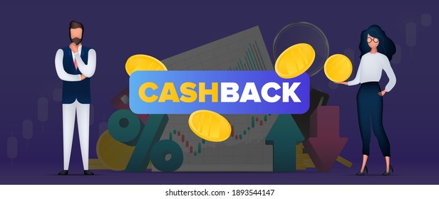 Cashback banner. The girl is holding a gold coin. Confident male businessman. Neon colors. Vector.