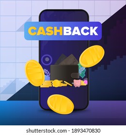 Cashback banner. Gold coins fall near the phone. The concept of earnings. Financial chart. Vector illustration.