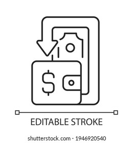 Cashback black linear icon for light theme. Cashback reward program. Financial transactions. Thin line customizable illustration. Isolated vector contour symbol for night mode. Editable stroke