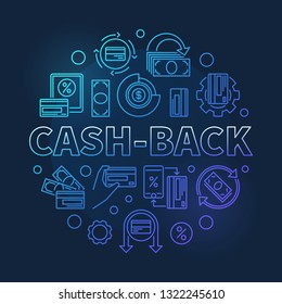 Cash-back blue outline round illustration - vector cashback reward program concept sign on dark background