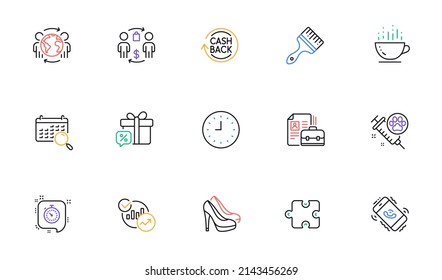 Cashback, Buying process and Shoes line icons for website, printing. Collection of Search calendar, Vacancy, Statistics icons. Coffee cup, Timer, Dog vaccination web elements. Brush. Vector