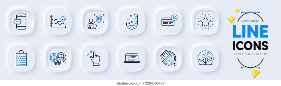 Iconos de línea de gestos de Cashback, Candy y Touchscreen para aplicaciones web. Paquete de análisis de Seo, mensaje de Smartphone, iconos de pictograma de incubadora. Estrella de rango, bolsa de compras, signos de huellas digitales de computadora. Vector