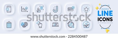 Cashback, Candy and Touchscreen gesture line icons for web app. Pack of Seo analysis, Smartphone message, Incubator pictogram icons. Rank star, Shopping bag, Computer fingerprint signs. Vector