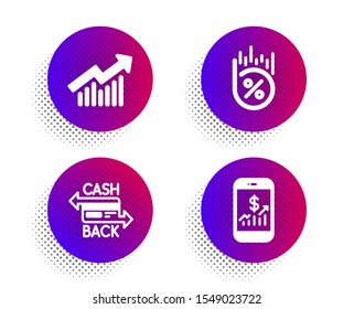 Cashback card, Loan percent and Demand curve icons simple set. Halftone dots button. Mobile finance sign. Money payment, Discount, Statistical report. Phone accounting. Finance set. Vector