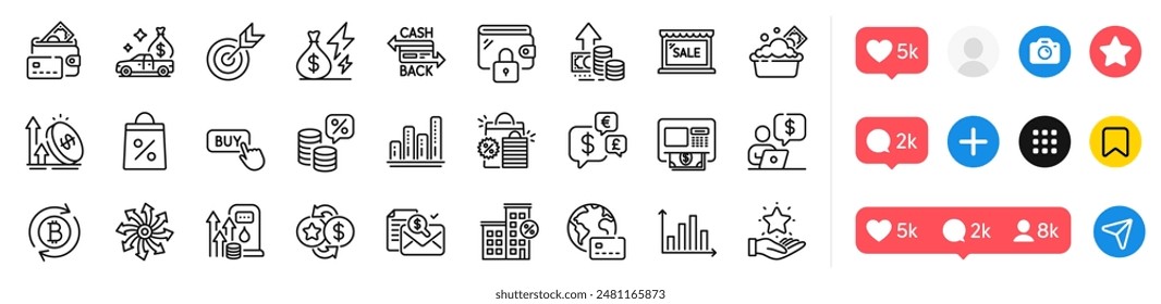 Cashback card, Target and Cash transit line icons pack. Social media icons. Graph chart, Wallet, Atm web icon. Buy button, Money tax, Fuel price pictogram. Money, Loyalty points, Diagram graph. Vector