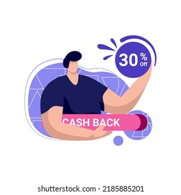 cashback cast icon flat Illustration for get vouchers  30% discounts, reward program color blue, orange, black, yellow, perfect for ui ux design, ecommerce, branding shopping sale, advertising, market