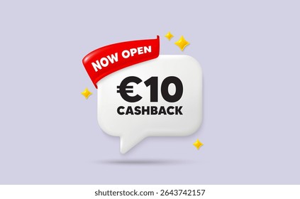 Cashback Chat Sprechblase. Jetzt Flaggenband öffnen. 10 Euro Cashback. Zeichen für Geld-zurück-Angebot. Cash-Back-Promo-Symbol. 3D funkeln Sterne Sprechblase. Vektorgrafik