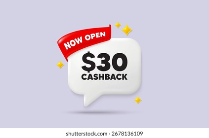 Cashback Chat Sprechblase. Jetzt Flaggenband öffnen. 30 USD Cashback. Zeichen für Geld-zurück-Angebot. Cash-Back-Promo-Symbol. 3D funkeln Sterne Sprechblase. Vektorgrafik