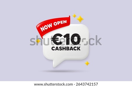 Cashback chat speech bubble. Now open flag ribbon. 10 Eur cashback. Money back offer sign. Cash back promo symbol. 3d sparkle stars speech bubble. Vector