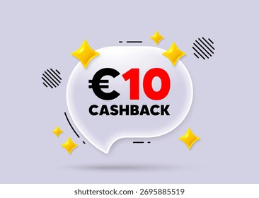 Cashback Chat Sprechblase. Konzept der sozialen Medien. 10 Euro Cashback. Zeichen für Geld-zurück-Angebot. Cash-Back-Promo-Symbol. 3D funkelt Chat Blase. Vektorgrafik