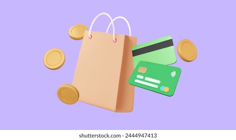 Cashback coins, shopping bag with money transfer credit card floating on purple pastel background. 3D icon finance shopping online payments concept. banner, Eps 10 vector. 3d render illustration