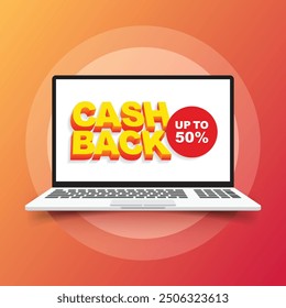 Cashback with computer laptop icon in flat style. Money back label vector illustration on isolated background. Cash back poster sign business concept.