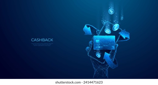 Cashback concept. 3D abstract phone in a hand with credit bank card, falling coins, return arrows. Money transfer in light blue futuristic style. Low poly vector illustration on technology background.