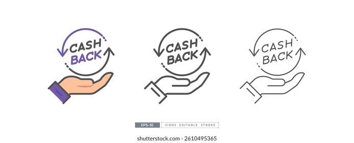 Cashback concept with arrow return on hand. Editable stroke, thin line and flat vector illustration.