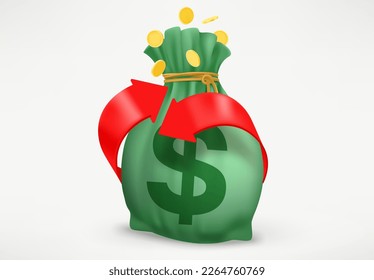 Cashback concept with arrows and full sack of money. 3d vector illustration