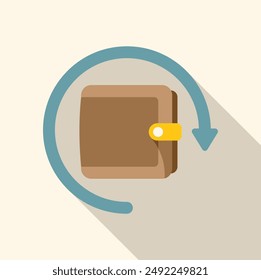 Cashback concept with a brown leather wallet rotating with a blue arrow