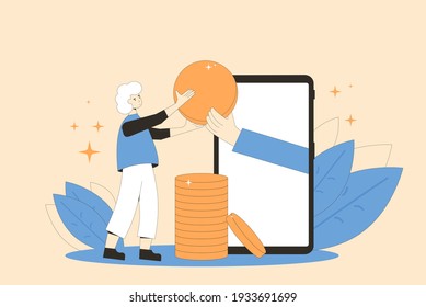 Cashback concept. Cash back. Big hand in phone screen giving money to young man. Boy get huge digital coin. Line art flat vector illustration. 