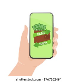 Cashback concept with holding smartphone hand. Mobile internet technology vector illustration. Concept banner.