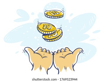 Cashback Concept. Human hands katching 10 cents coins of very small amount of money. Gold Coin shining currency symbol. Best offer and super sale price creative concept. Vector illustration.