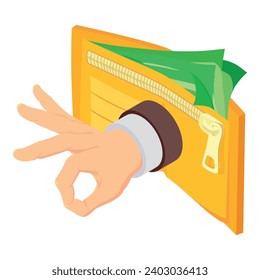 Cashback concept icon isometric vector. Hand showing ok gesture and cash wallet. Finance, saving, cashback