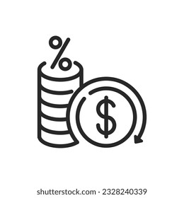 Cashback Concept Icon. Vector Illustration of a Stack of Coins, Percentage Symbol, and Revolving Arrow, Symbolizing Customer Benefits, Investment, Bank Deposits and Cashback Promotions.