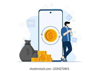 cashback concept. Keep. refund. Stack coins and call with buttons to initiate cashback. character standing next to a big cell phone. Flat Vector Illustration on a white background.