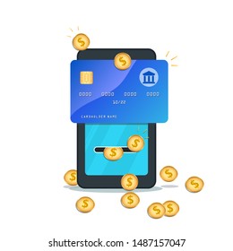 Cashback concept. Loyalty reward program. Flat smartphone with credit card and gold coins isolated on white background. Money transfer cash back app. Electronic banking. Online payment service