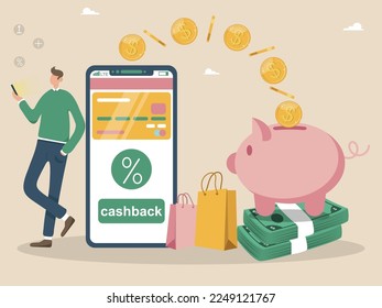 Cashback concept - a man with a smartphone, money goes to a piggy bank. Piggy bank in the form of a pig, a telephone and a person. Saving or accumulating money, financial services, mobile application.