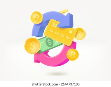 Cashback concept with money and arrows. 3d vector illustration