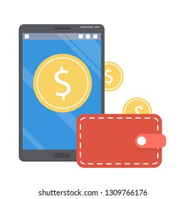 Cashback concept. Money falling from the mobile phone in the wallet. Coin transfer. Financial reward. Isolated vector illustration in cartoon style