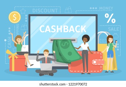 Cashback concept. Pay for goods and get cash back in your wallet. Idea of save money and economy. Flat vector illustration