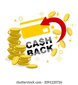 Cashback concept. Rewarding customers and promoting sales. Cashback in the form of transferring money to credit or debit card. Graphic elements, flat design, vector illustration.