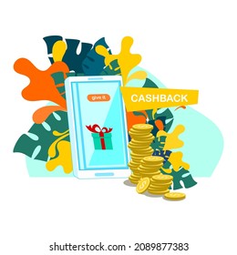 CashBack Concept. Save money. Cashback. Give gifts. Stack of coins and phone with give it button. Flat design vector illustration.