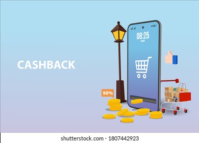 Cashback concept. Saving money. Money refund. Pile coins and phone with button get started the cashback. Vector illustration in flat style.
