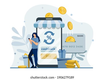 Cashback concept for shopping.Saving money.Online store or shop customer loyalty program with bonuses.Cash back for purchase.Money transfer.Earn points.Money refund.Happy consumer get rewards.