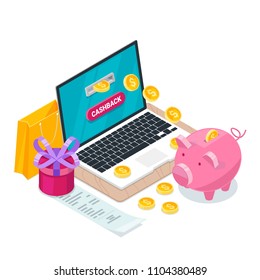 Cashback concept. Vector isometric 3d illustration. Money icons for cash back, commerce or transfer payments online service.