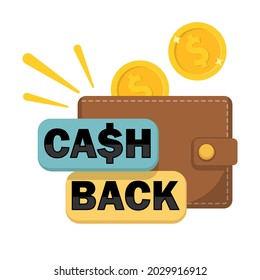 Cashback concept.  Wallet with returned coins to bank account. Vector illustration. Eps 10.